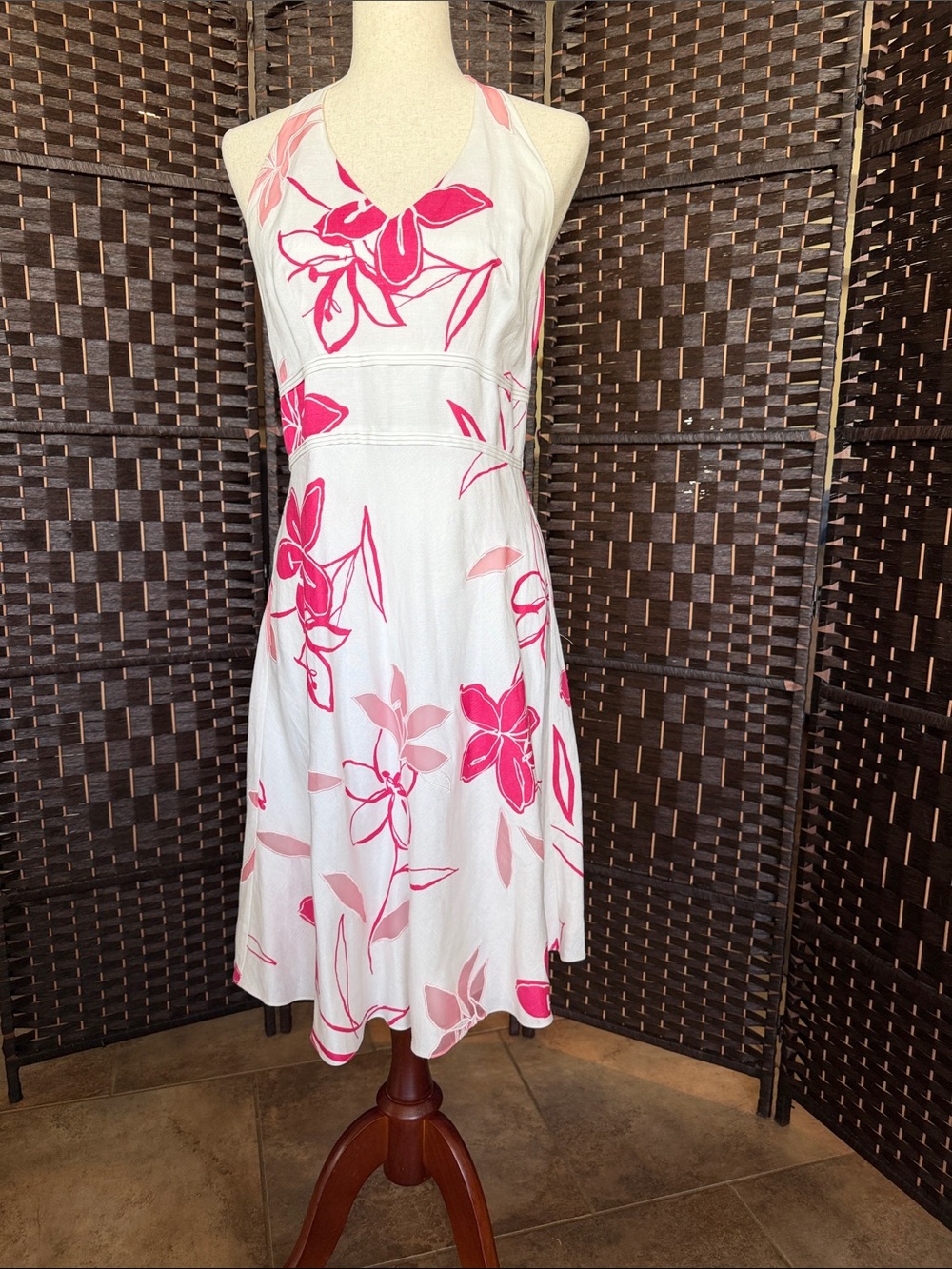 Ann Taylor White Midi Dress with Pink Floral Print